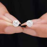 Rosec Jewels 1 CT zircon classic halo stud earrings featuring sparkling zircon stones and a sleek silver setting.