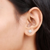 Rosec Jewels 1 CT Zircon classic halo stud earrings featuring sparkling round zircon gemstones and a sleek silver setting.