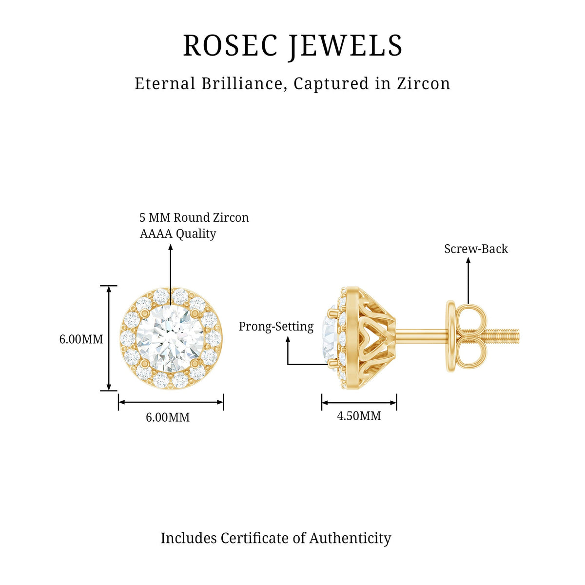 Rosec Jewels 1 CT zircon halo stud earrings featuring sparkling round zircon stones in a classic design.