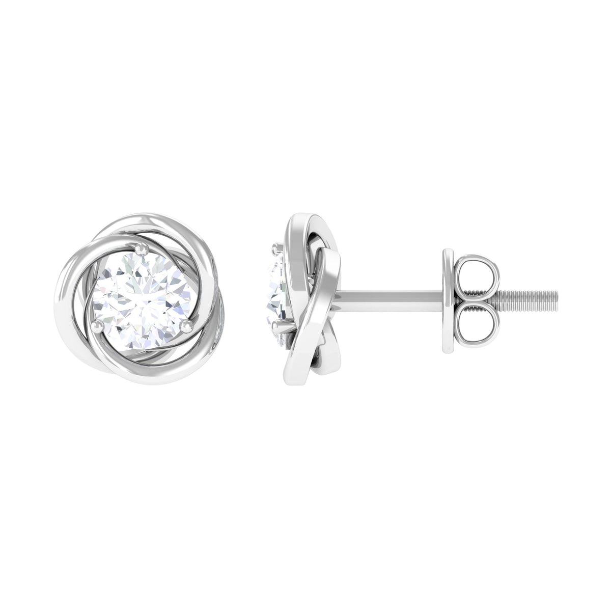 Rosec Jewels 3/4 CT zircon solitaire stud earrings with elegant swirl details, showcasing sparkling gemstone design.