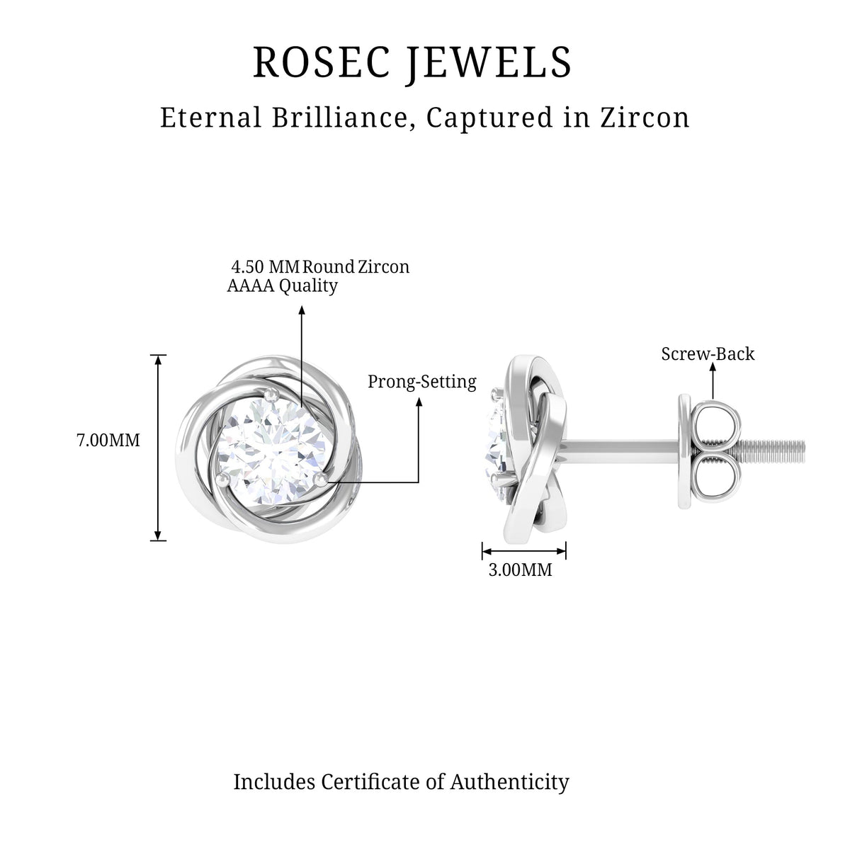 Rosec Jewels 3/4 CT zircon solitaire stud earrings with swirl detailing, showcasing sparkling cubic zirconia and elegant design