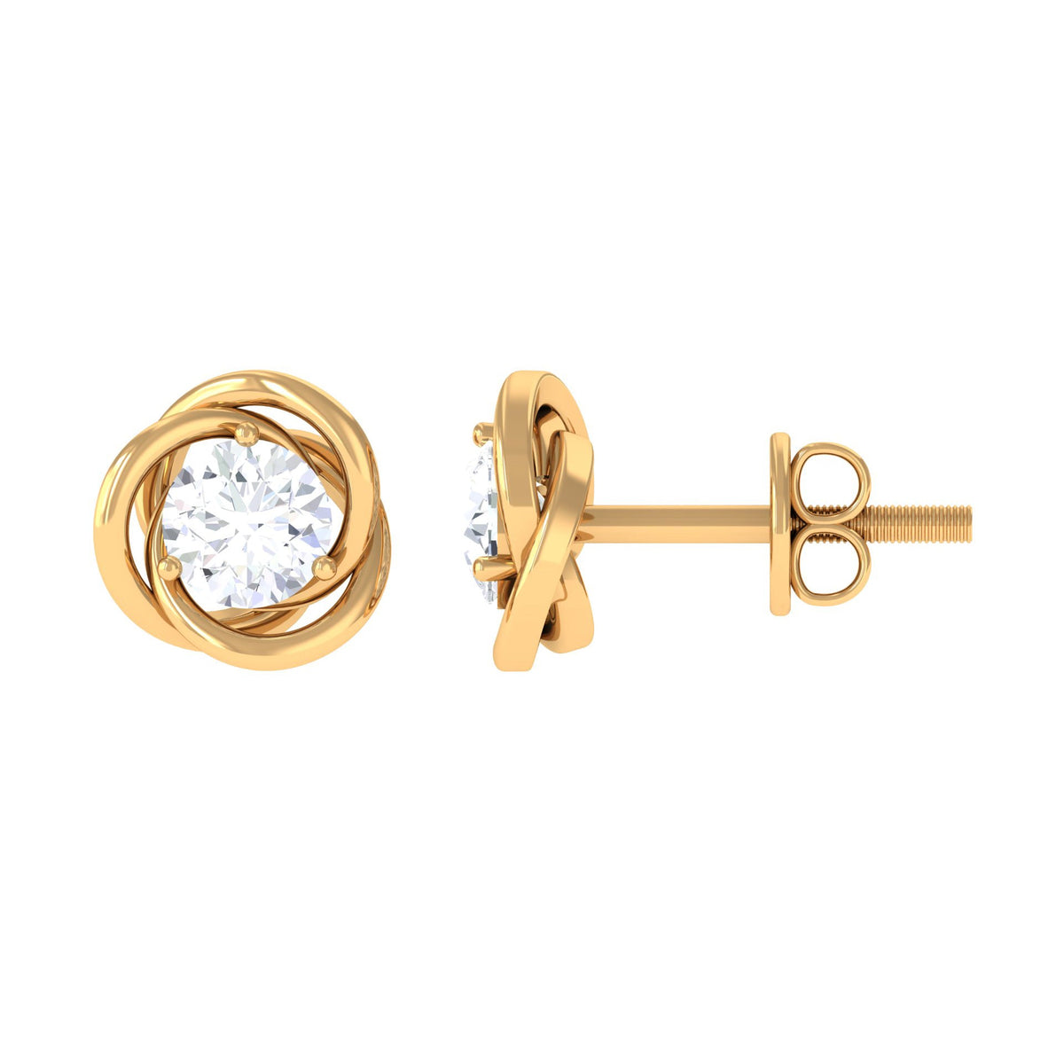 Rosec Jewels 3/4 CT zircon solitaire stud earrings with swirl detailing, showcasing elegant gemstone and intricate design.