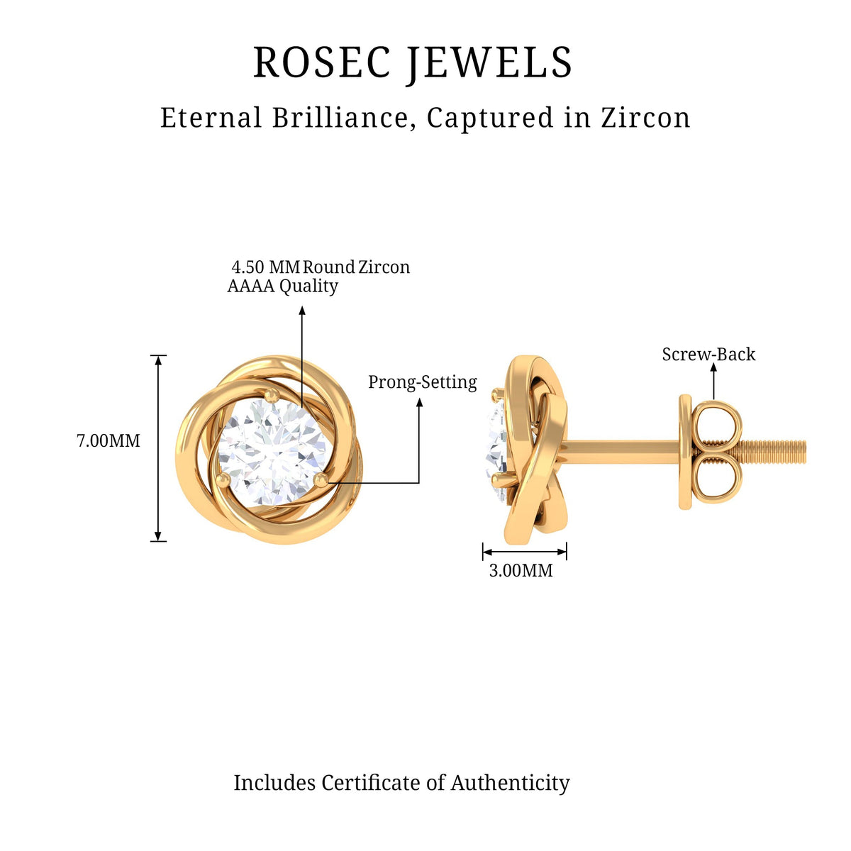 Rosec Jewels 3/4 CT zircon solitaire stud earrings with swirl detailing, elegant jewelry featuring sparkling stones and intricate design