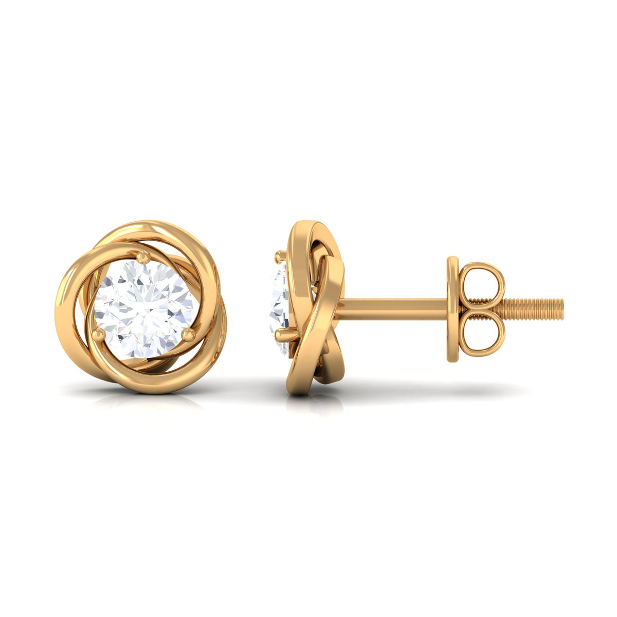 Rosec Jewels 3/4 CT zircon solitaire stud earrings with elegant swirl details, showcasing sparkling cubic zirconia and intricate design.