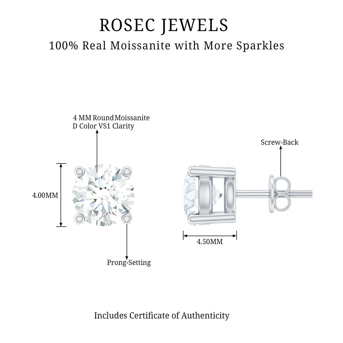 Brilliant cut diamond stud earrings in prong setting by Rosec Jewels, showcasing sparkling gemstones on a sleek metal post.