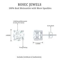 Brilliant cut diamond stud earrings in prong setting by Rosec Jewels, showcasing sparkling gemstones on a sleek metal post.