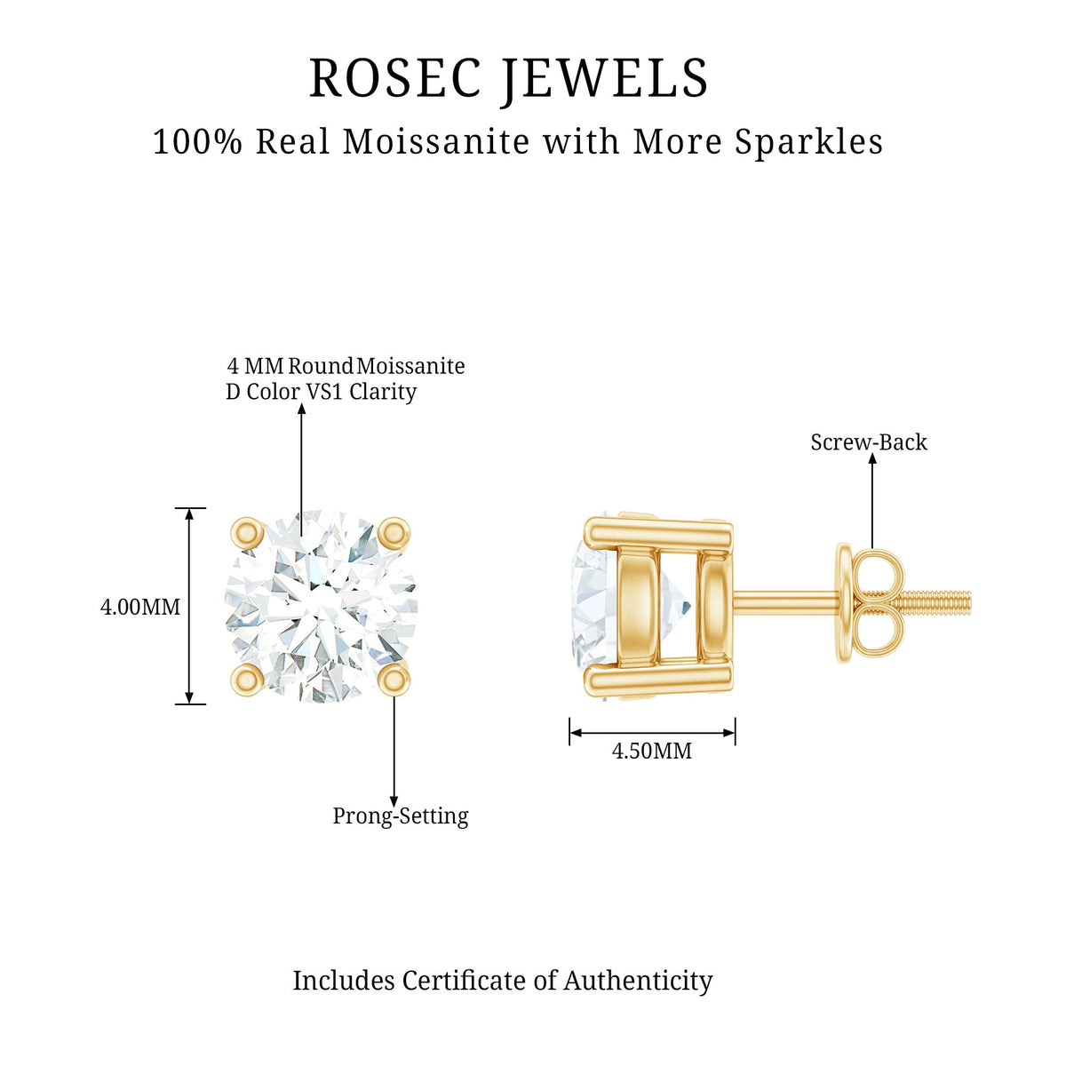 Rosec Jewels brilliant cut diamond stud earrings in prong setting, showcasing sparkling diamonds on polished metal.