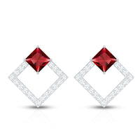 Princess Cut Lab Created Ruby and Diamond Square Stud Earrings