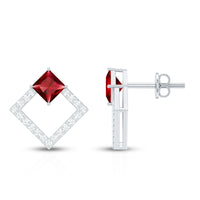 Princess Cut Lab Created Ruby and Diamond Square Stud Earrings