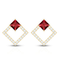 Princess Cut Lab Created Ruby and Diamond Square Stud Earrings