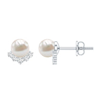 Rosec Jewels modern stud earrings with freshwater pearl and diamond, showcasing elegant jewelry design with sparkling accents.