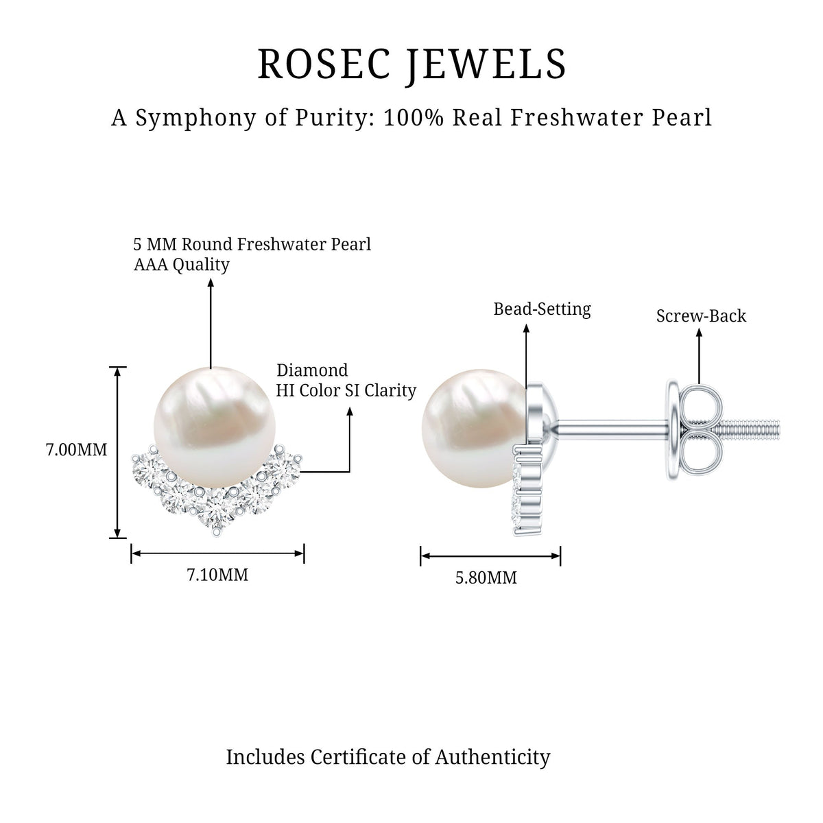 Rosec Jewels modern stud earrings featuring freshwater pearls and sparkling diamonds on sleek metal settings.