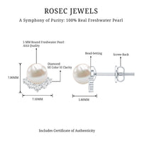 Rosec Jewels modern stud earrings featuring freshwater pearls and sparkling diamonds on sleek metal settings.