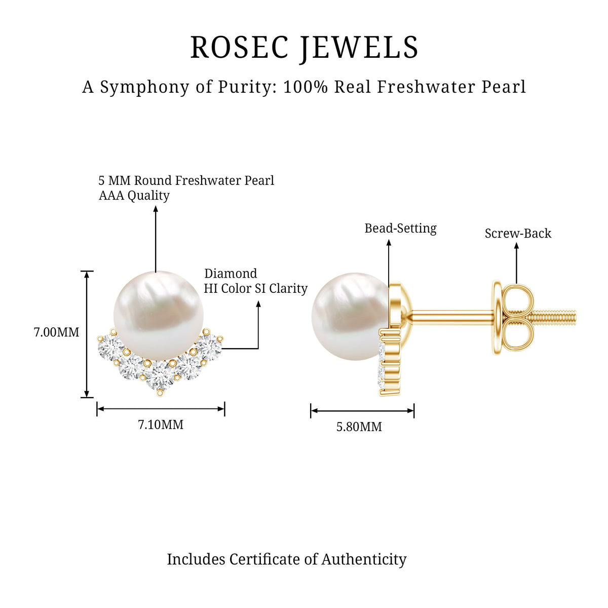 Rosec Jewels modern stud earrings featuring freshwater pearl and diamond accents on a sleek design.