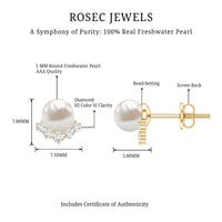 Rosec Jewels modern stud earrings featuring freshwater pearl and diamond accents on a sleek design.