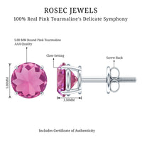 Round Shape Pink Tourmaline Stud Earrings for Women