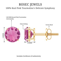 Round Shape Pink Tourmaline Stud Earrings for Women