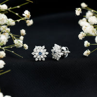 Real Blue Sapphire and Diamond Floral Cluster Stud Earrings