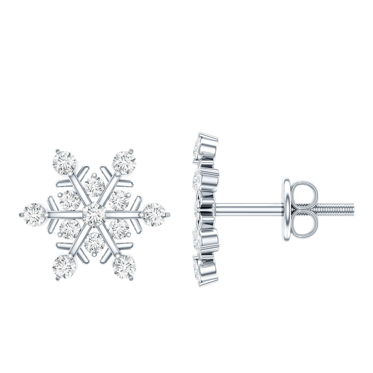 Rosec Jewels moissanite snowflake stud earrings for women, featuring sparkling snowflake designs in silver-tone metal.