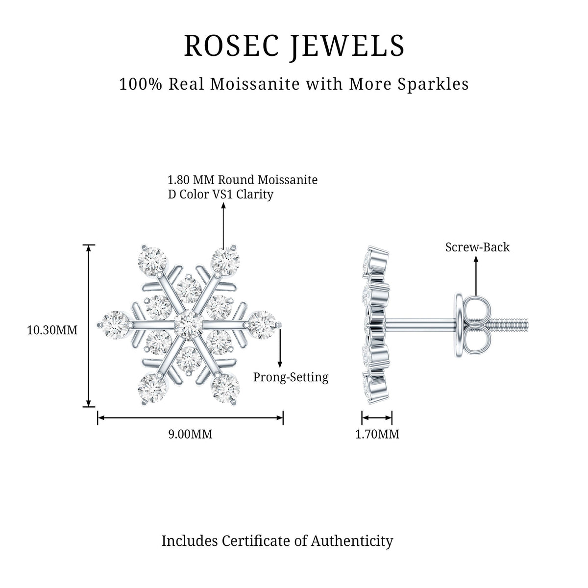 Rosec Jewels Moissanite snowflake stud earrings for women, featuring sparkling winter-themed jewelry design.