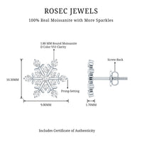 Rosec Jewels Moissanite snowflake stud earrings for women, featuring sparkling winter-themed jewelry design.
