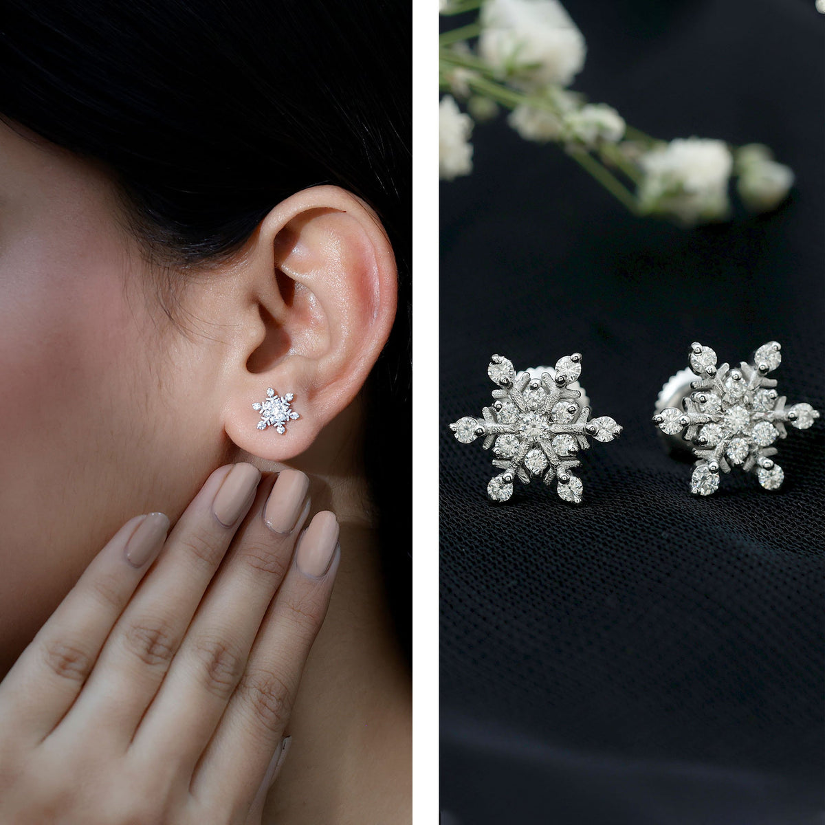 Rosec Jewels moissanite snowflake stud earrings for women, featuring sparkling snowflake design and secure stud backing.