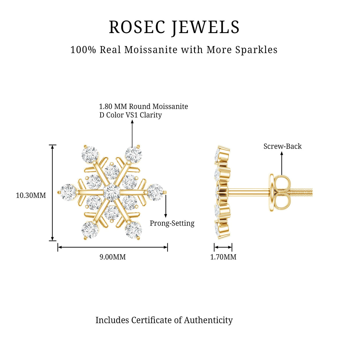 Rosec Jewels Moissanite snowflake stud earrings for women featuring sparkling snowflake design and bright, elegant gemstone details.