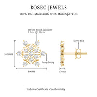 Rosec Jewels Moissanite snowflake stud earrings for women featuring sparkling snowflake design and bright, elegant gemstone details.