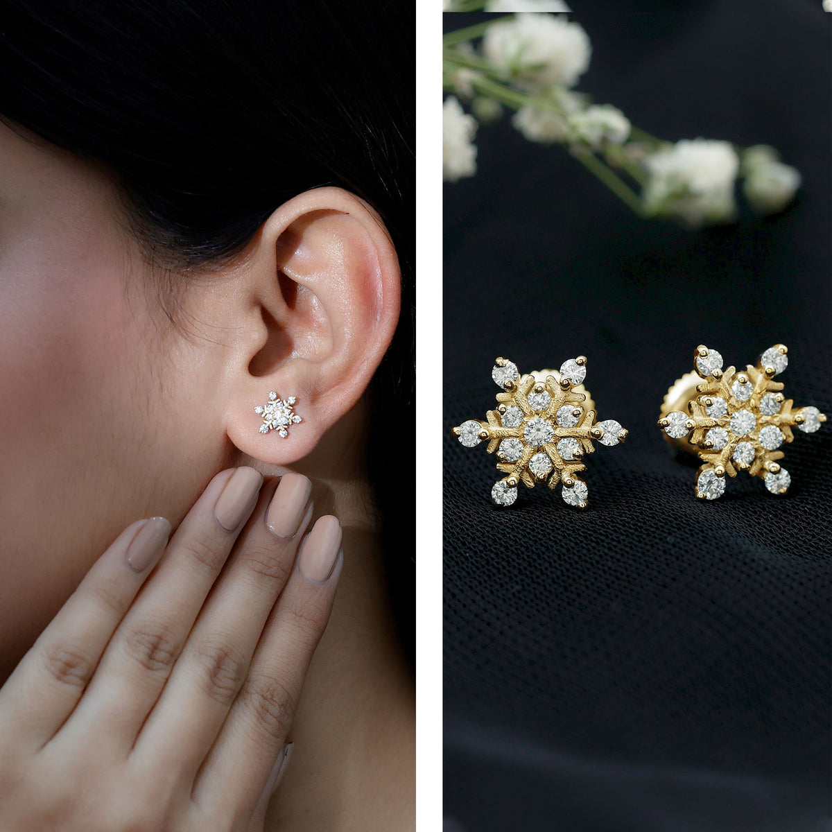 Moissanite snowflake stud earrings for women by Rosec Jewels, featuring sparkling snowflake designs in sterling silver.