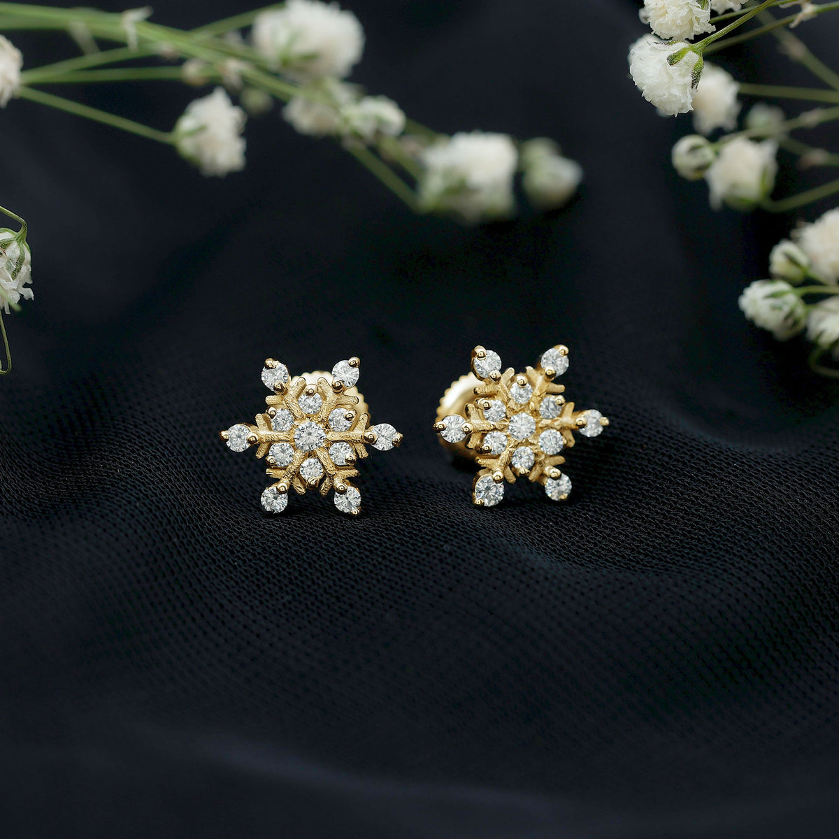 Moissanite snowflake stud earrings for women by Rosec Jewels, featuring sparkling gemstone accents on silver-tone earrings.