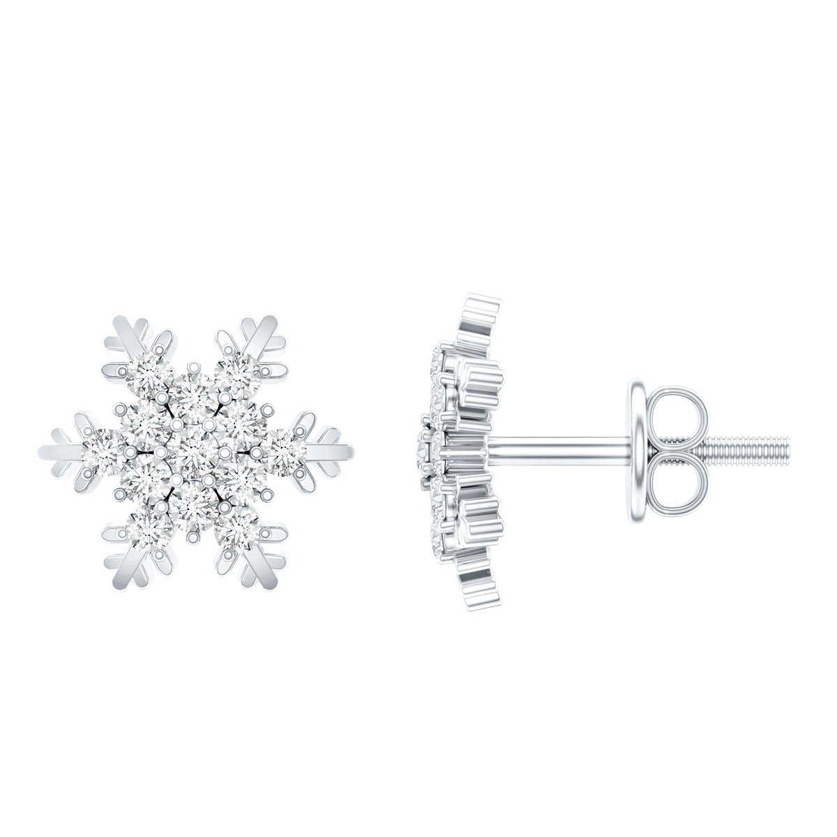 Sterling silver moissanite snowflake stud earrings from Rosec Jewels, featuring sparkling winter-inspired design.