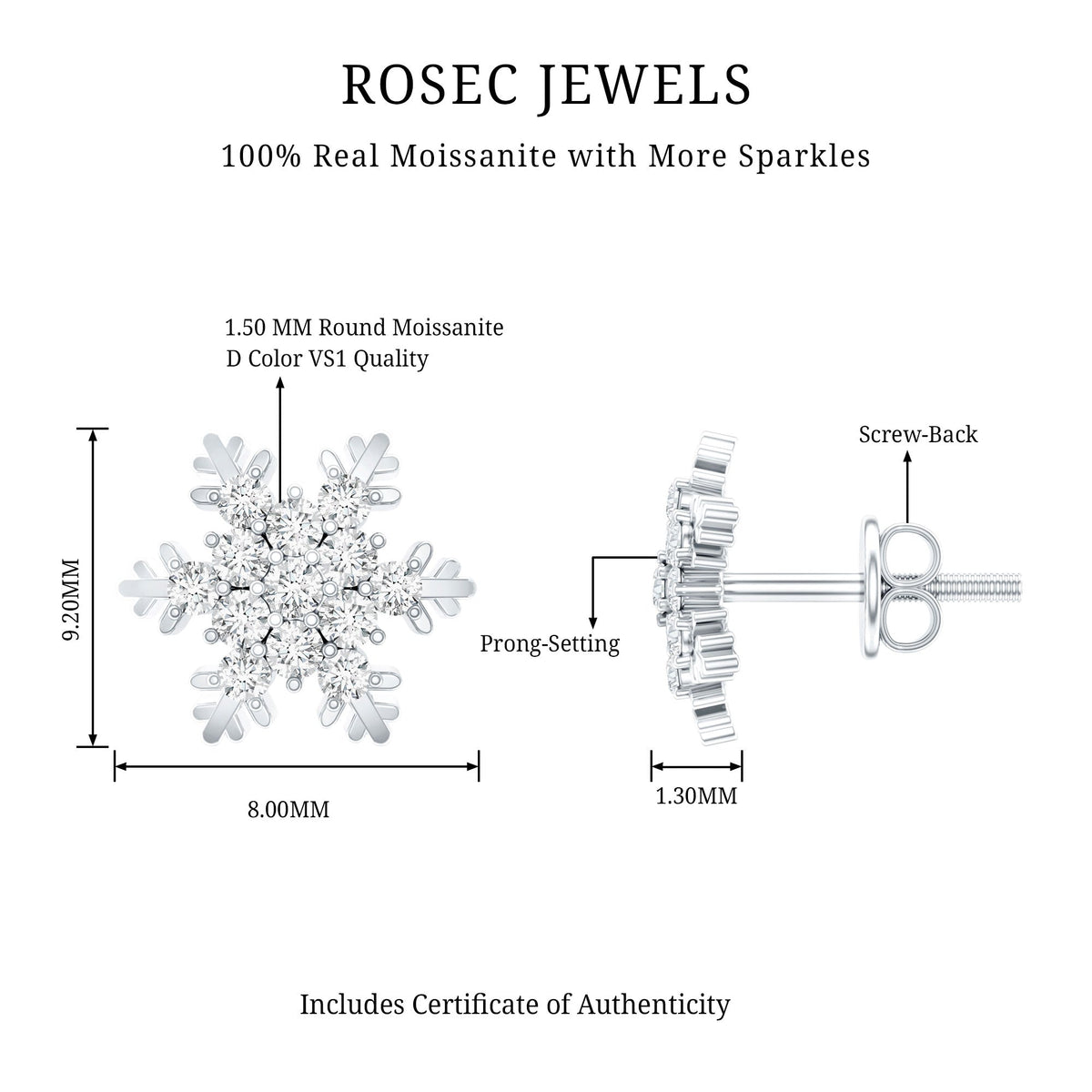 Certified Moissanite Winter Snowflake Stud Earrings from Rosec Jewels, featuring sparkling snowflake design in sterling silver.