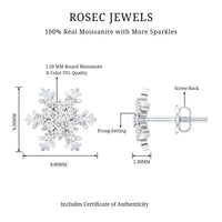 Certified Moissanite Winter Snowflake Stud Earrings from Rosec Jewels, featuring sparkling snowflake design in sterling silver.