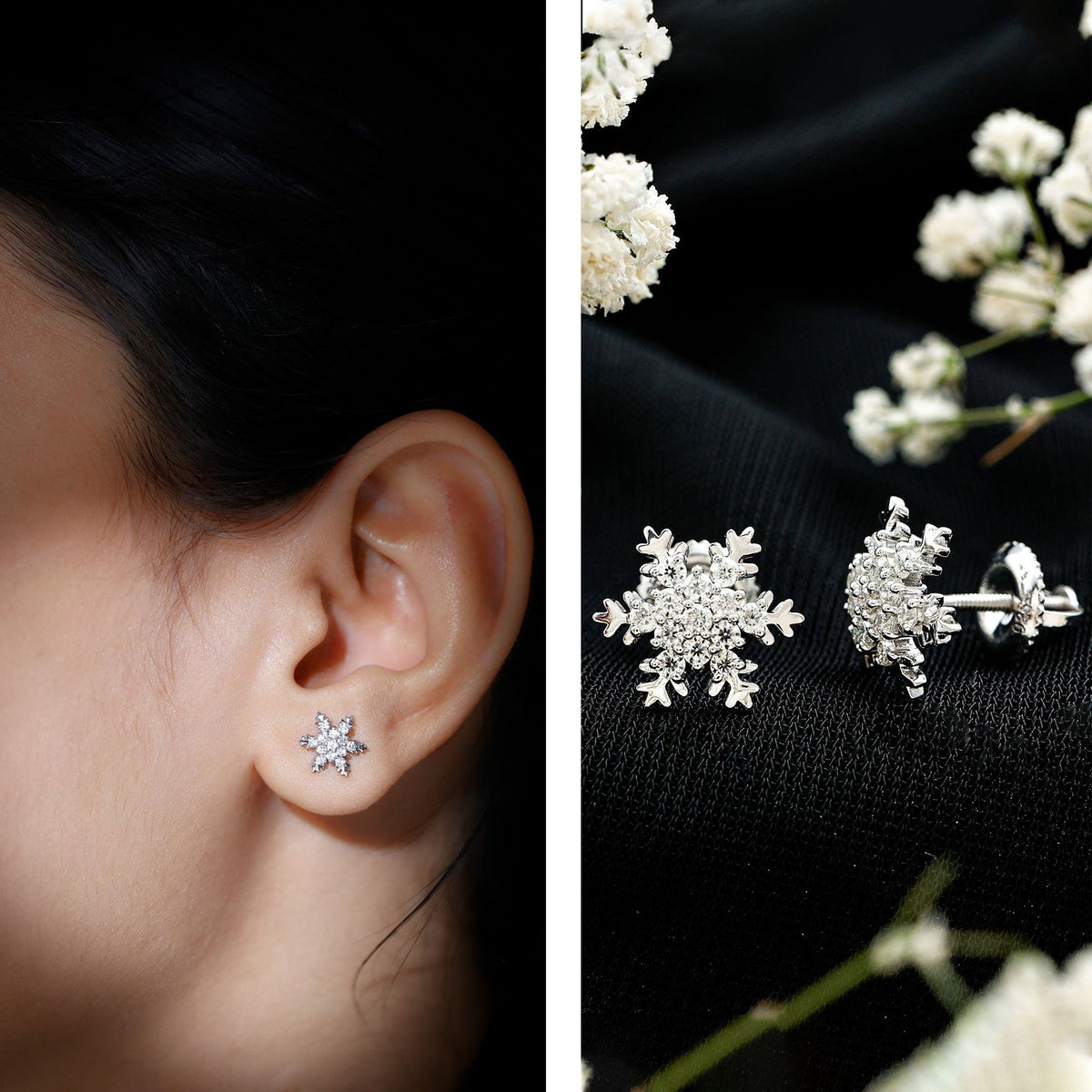 Rosec Jewels certified moissanite winter snowflake stud earrings with sparkling snowflake design on a white background.