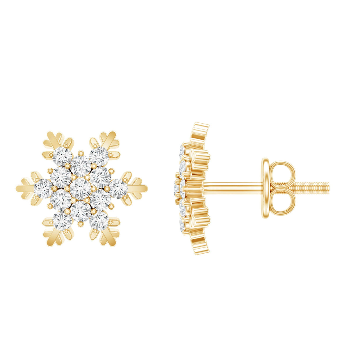 Rosec Jewels Moissanite winter snowflake stud earrings with sparkling gemstone details in a festive design.