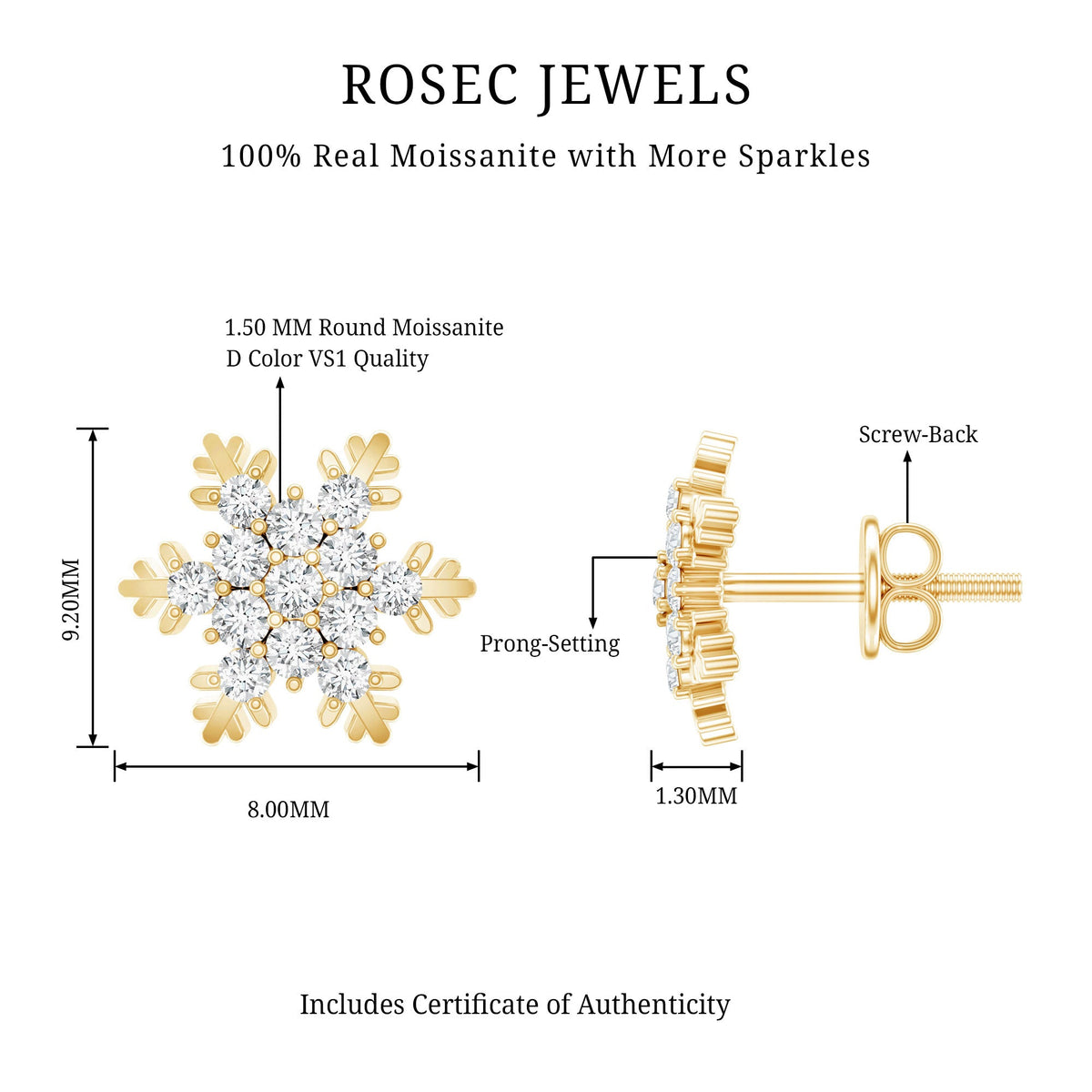 Certified Moissanite Winter Snowflake Stud Earrings by Rosec Jewels featuring sparkling snowflake design with moissanite gemstones.