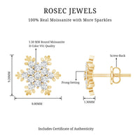 Certified Moissanite Winter Snowflake Stud Earrings by Rosec Jewels featuring sparkling snowflake design with moissanite gemstones.
