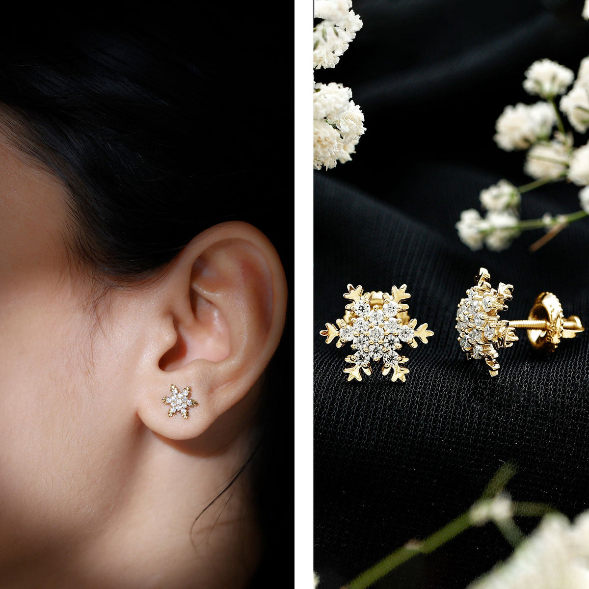 Rosec Jewels Moissanite winter snowflake stud earrings with sparkling gemstone details on silver-toned metal.