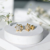 Rosec Jewels certified moissanite winter snowflake stud earrings with sparkling snowflake design and silver-tone setting.