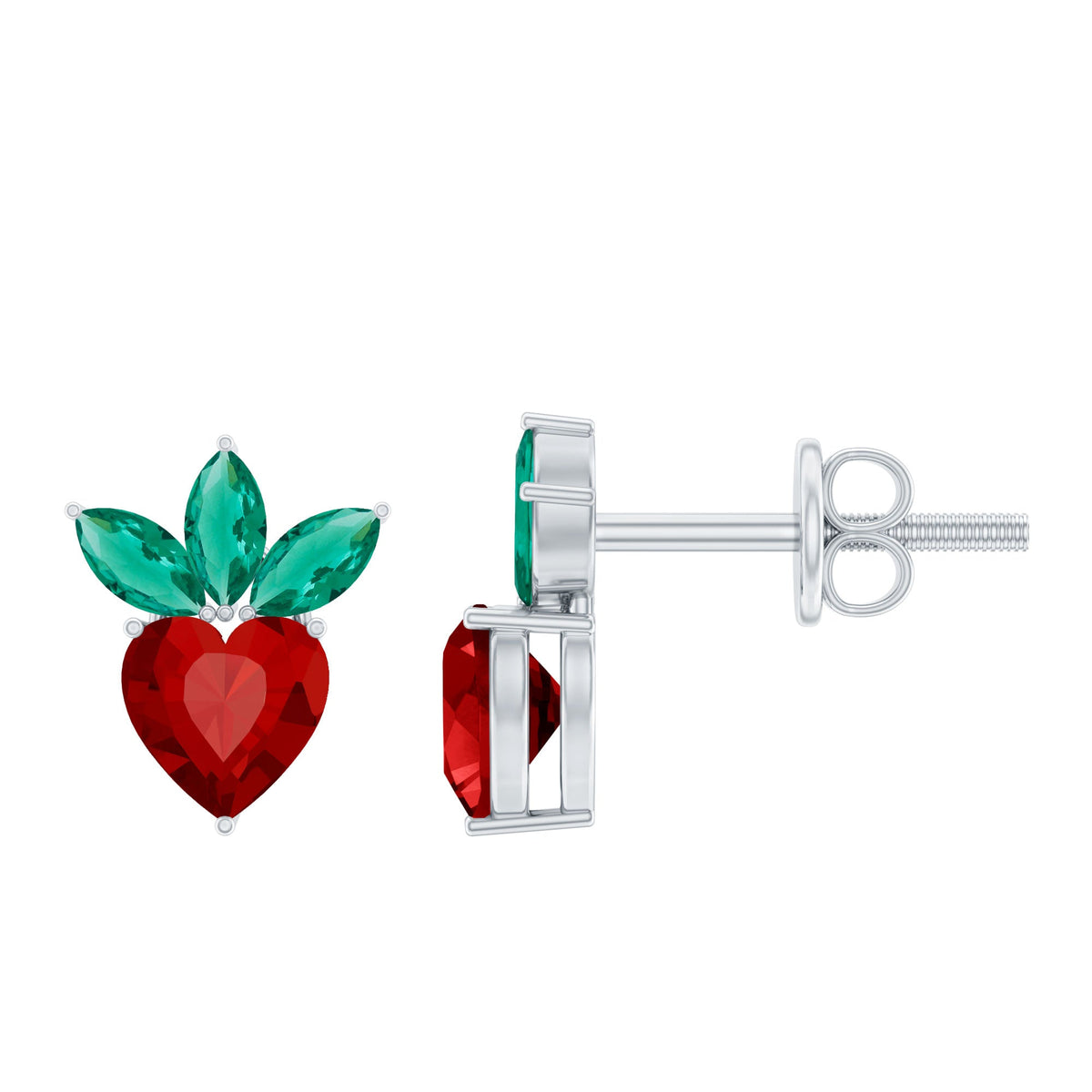 Rosec Jewels strawberry earrings with lab-grown ruby and emerald, featuring detailed fruit-shaped design and sparkling gemstone accents.