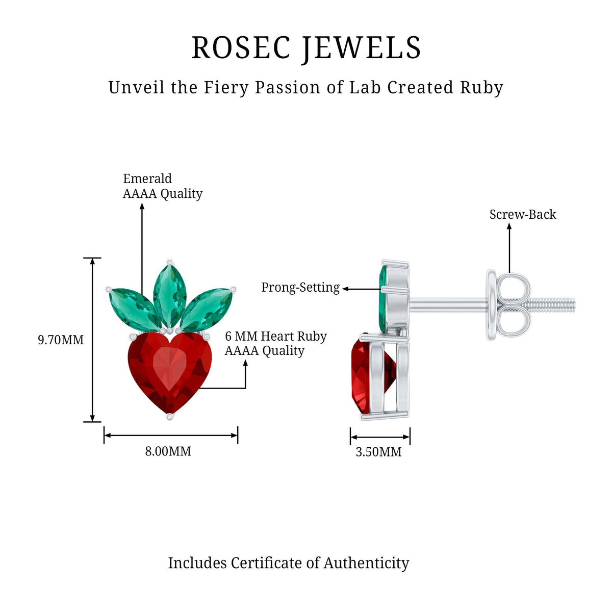 Rosec Jewels strawberry earrings featuring lab-grown ruby and emerald gemstones, with intricate floral design.