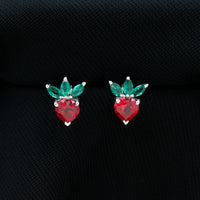 Rosec Jewels strawberry earrings featuring lab-grown ruby and emerald stones, crafted with detailed floral design.