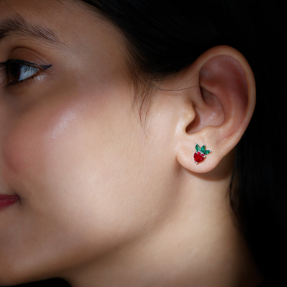 Rosec Jewels strawberry earrings with lab-grown ruby and emerald, featuring vibrant gemstones and intricate gold detailing.