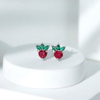 Rosec Jewels strawberry earrings with lab-grown ruby and emerald, featuring detailed gemstone designs and gold-tone metal.