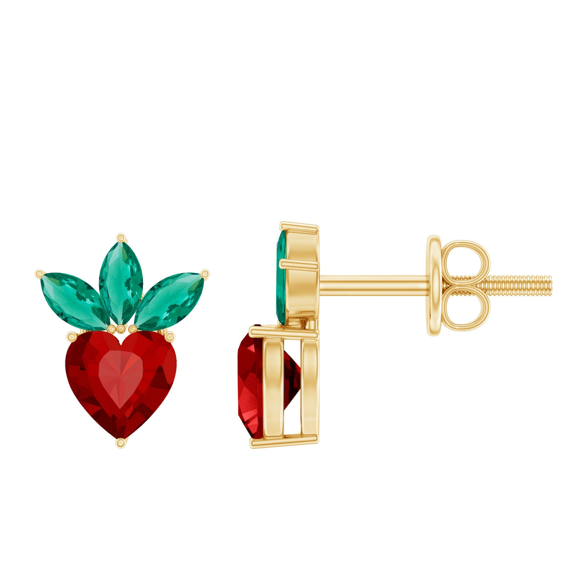 Rosec Jewels strawberry earrings featuring lab-grown ruby and emerald gemstones, crafted in elegant gold setting.