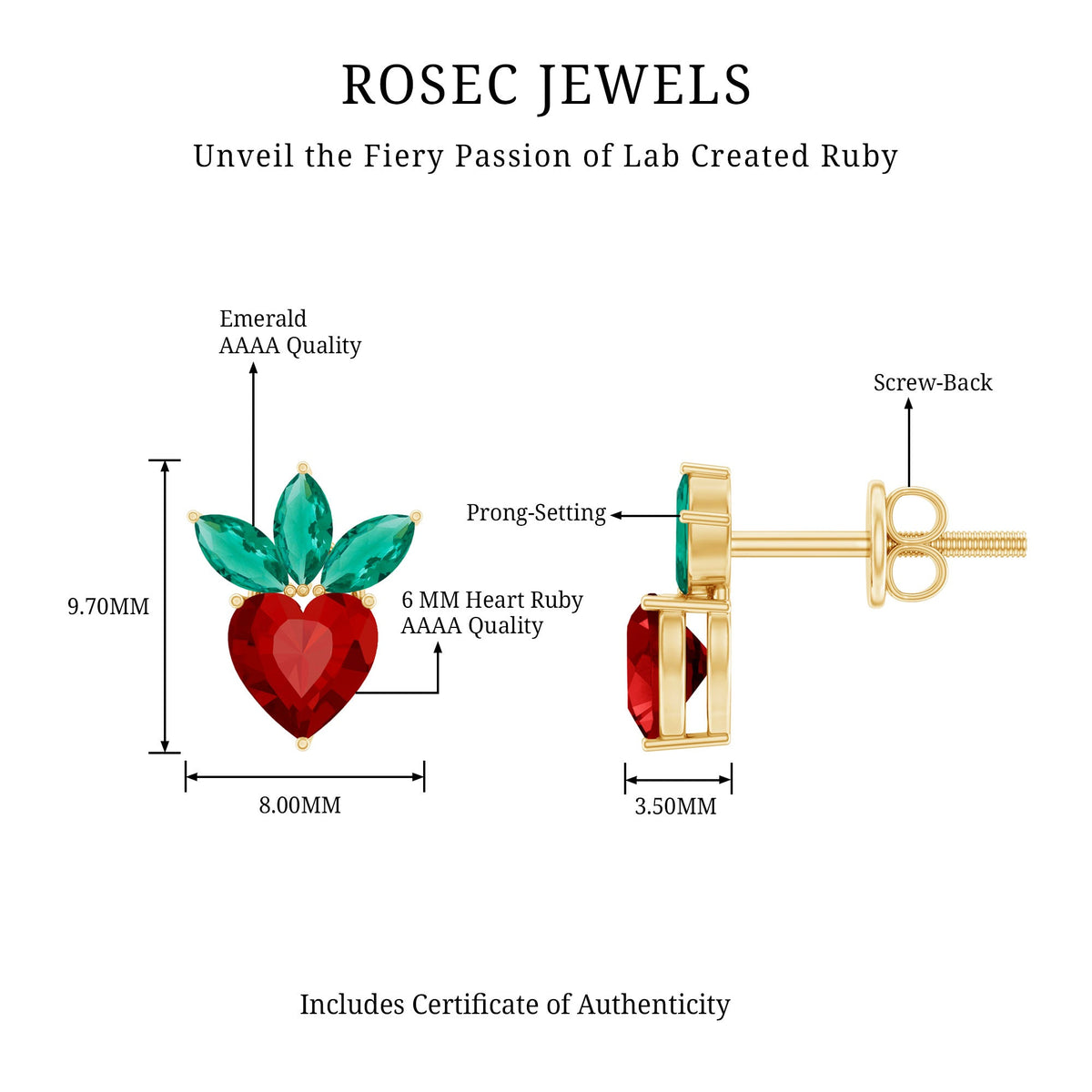 Rosec Jewels strawberry earrings featuring lab-grown ruby and emerald gemstones with intricate metalwork.