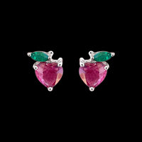 Heart Shape Ruby Strawberry Stud Earrings with Emerald