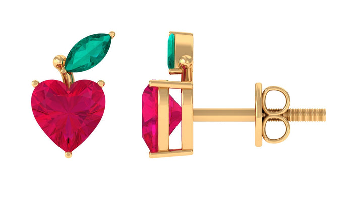 Heart-shaped ruby and strawberry stud earrings with emerald accents by Rosec Jewels, featuring vibrant red and green gemstone details.