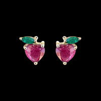 Heart Shape Ruby Strawberry Stud Earrings with Emerald