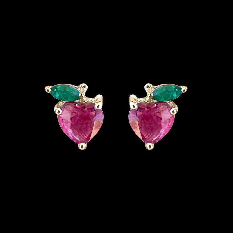 Heart-shaped ruby and emerald strawberry stud earrings by Rosec Jewels featuring ruby and emerald gemstones.